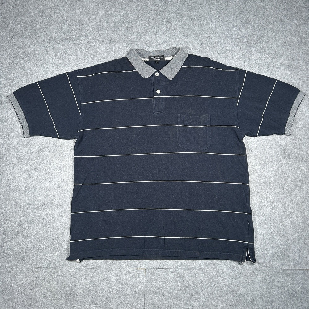 Yves Saint Laurent Polo Shirt Men's Size Large Black Striped Pocket Cuffed YSL